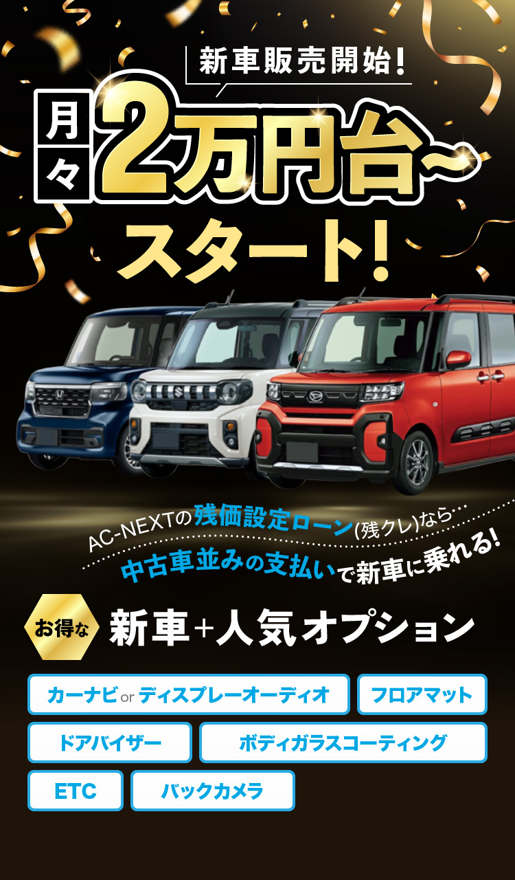 新車販売開始!2万円台から月々スタート！お得な新車+人気オプション