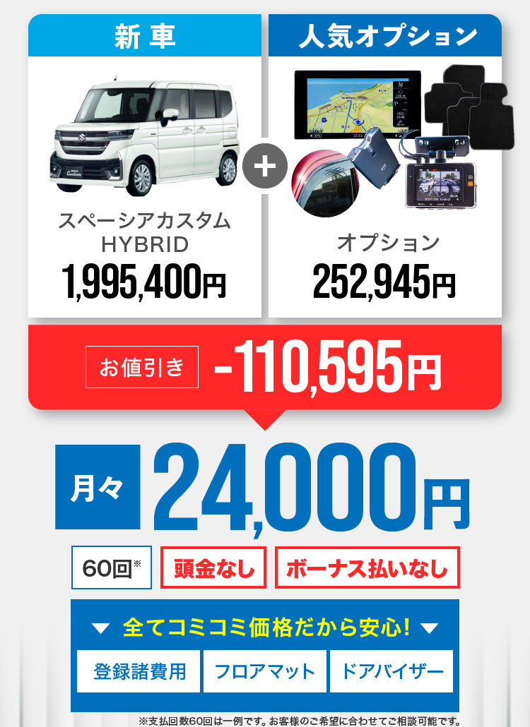 新車スペーシアカスタムHYBRID 1,995,400円+オプション 252,945円 がお値引き-110,595円